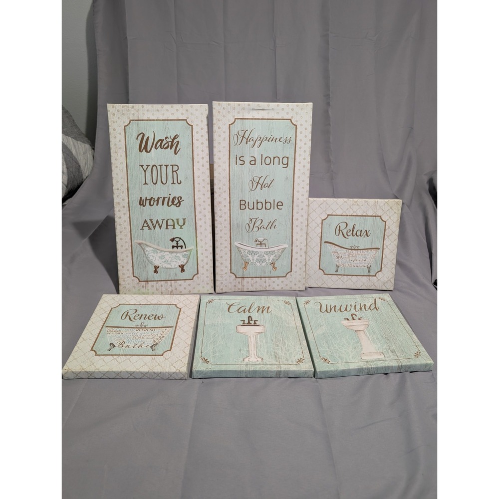 6-Piece Bathroom Wall Art Set Spa Decor Aqua Cream Farmhouse Cottage